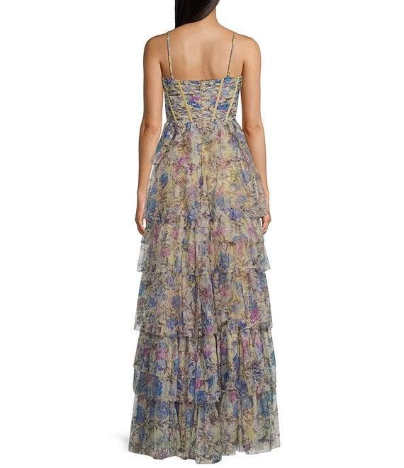 Blondie Nites Floral Mesh V-Neck Spaghetti Strap Corset Tiered A-Line Dress Product Image