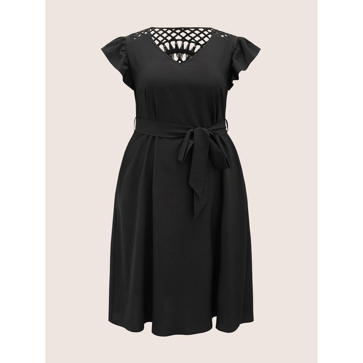 Plus Size Solid Cut Out Ruffle Cap Sleeve Dress Black Women Resort Woven ribbon&lace trim V-neck Cap Sleeve Curvy Midi Dress BloomChic 22-24/3X Product Image