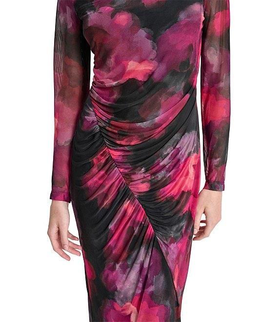 DKNY by Donna Karan Printed Knit Asymmetrical Neck Long Sleeves Cinched Sheath Midi Dress Product Image