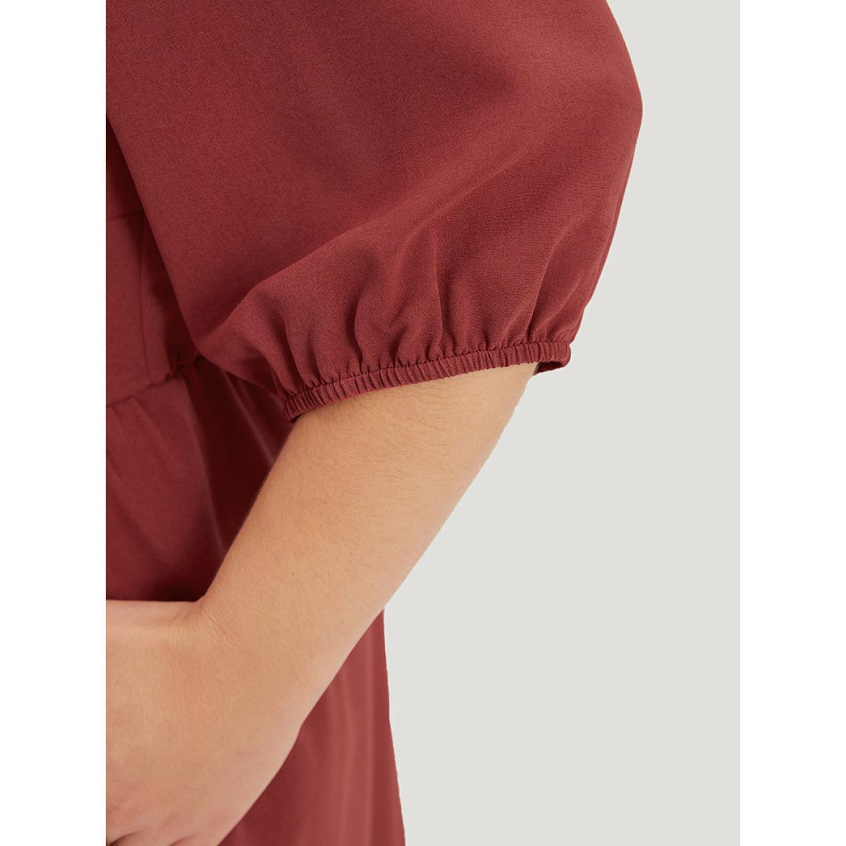 Plus Size Plain Elastic Cuffs Pocket Laser Cut Dress Russet Women Elegant Elastic cuffs V-neck Elbow-length sleeve Curvy Midi Dress BloomChic 14-16/1X Product Image