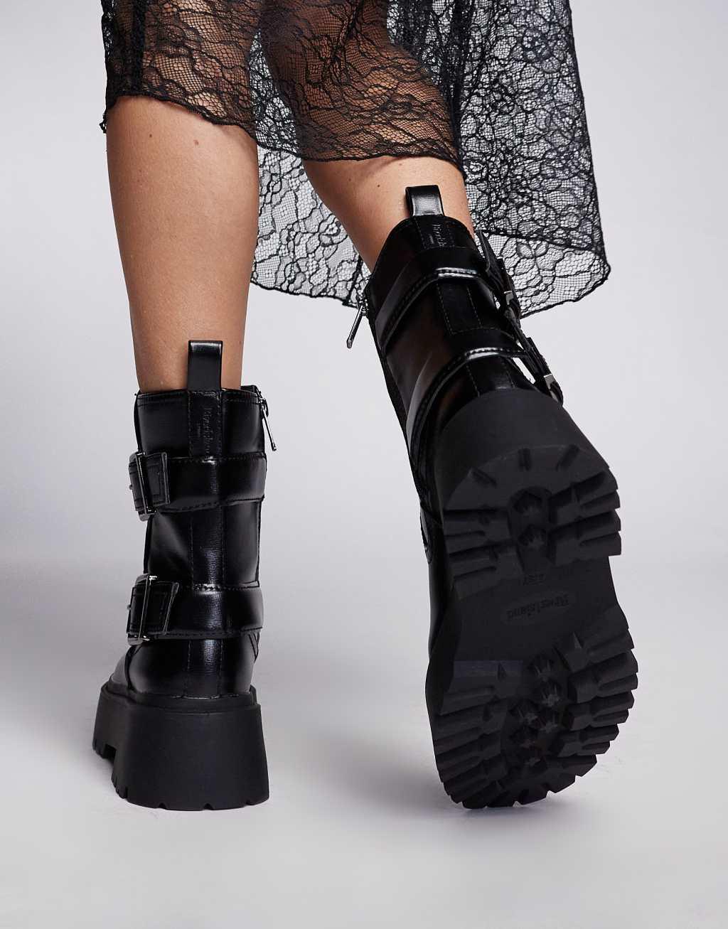 River Island chunky biker boot in black Product Image