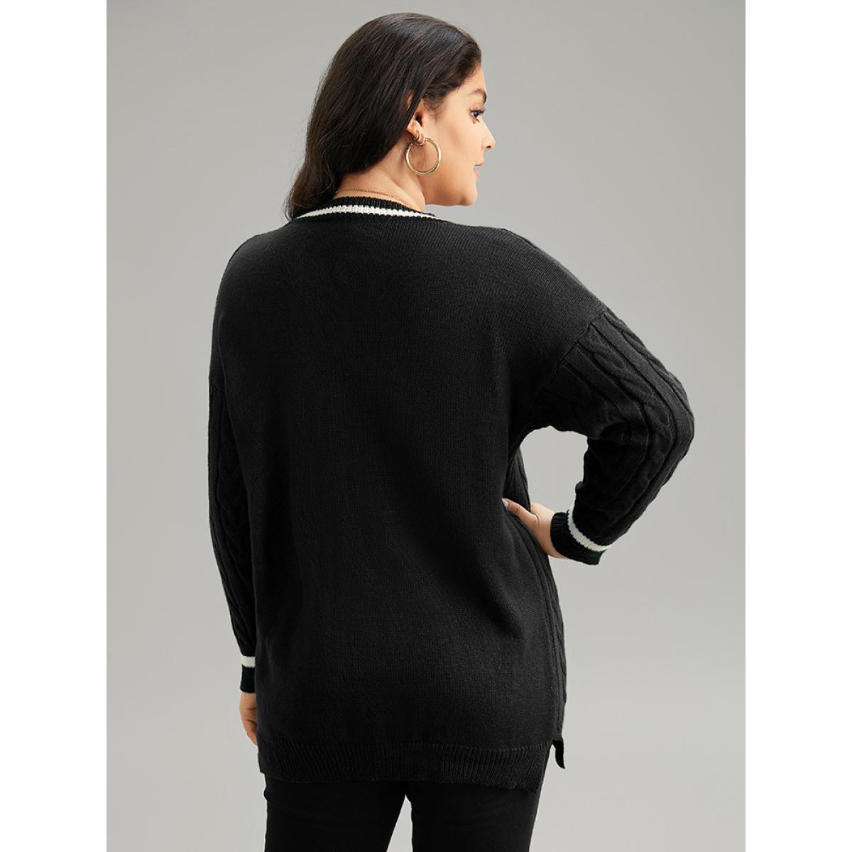 Plus Size Cable Knit Contrast Trim Drop Shoulder Pullover Black Women Casual Loose Long Sleeve V-neck Dailywear Pullovers BloomChic 22-24/3X Product Image