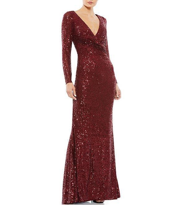 Mac Duggal Long Sleeve V-Neck Sequin Faux Wrap Gown Product Image