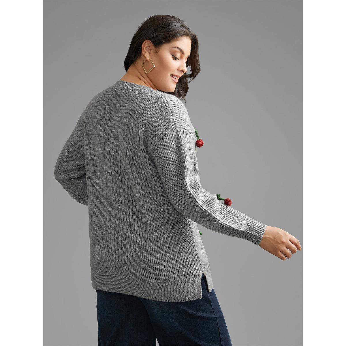 Plus Size Supersoft Essentials Stereo Cherry Design Pullover Mediumgray Women Casual Loose Long Sleeve Round Neck Everyday Pullovers BloomChic 28/5X Product Image