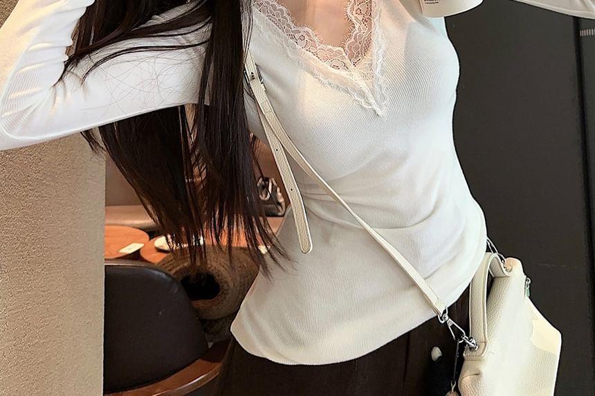 Long-Sleeve V-Neck Plain Lace Trim Ribbed Slim Fit Tee Product Image