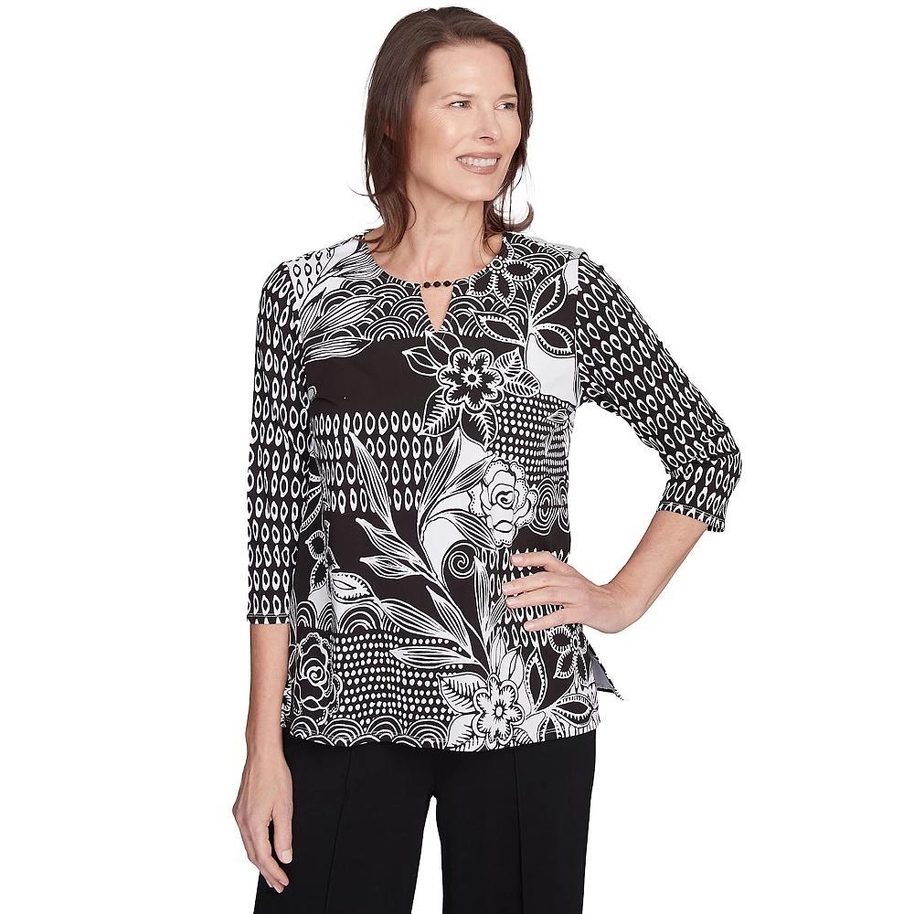 Alfred Dunner Petite Monotone Patch Beaded Split Neck Top, Women's, Size: Small Petite, Black Team Product Image