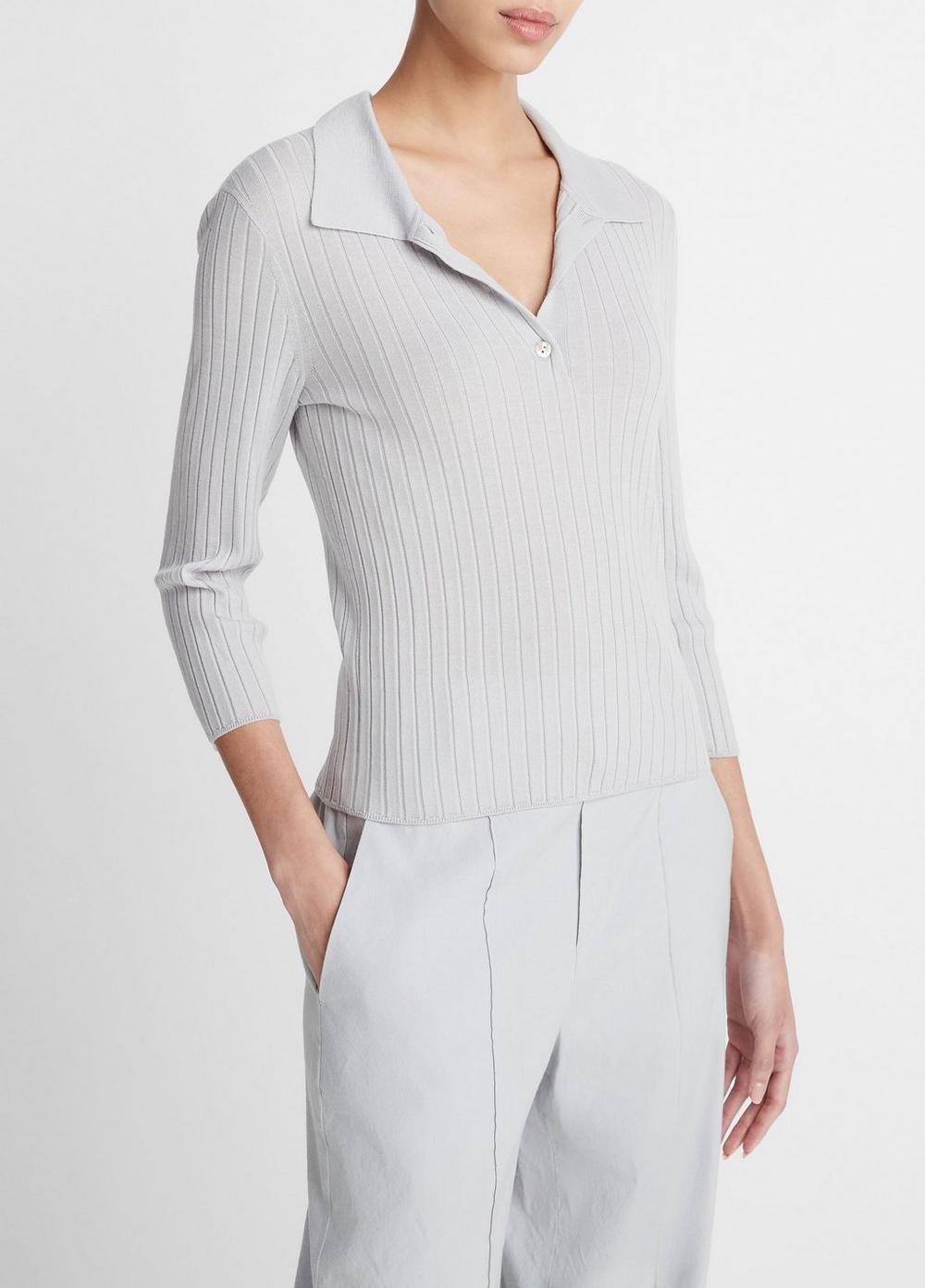 Ribbed Wool Three-Quarter-Sleeve Polo Sweater Product Image