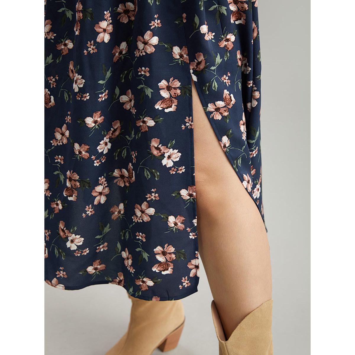 Plus Size Floral Print Elastic Waist Split Hem Dress Indigo Women Vacation Printed V-neck Long Sleeve Curvy Midi Dress BloomChic 22-24/3X Product Image