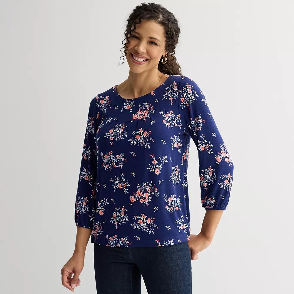 Women's Croft & Barrow® 3/4-Sleeve Pleated Top, Size: XL, Navy Pink Floral Product Image