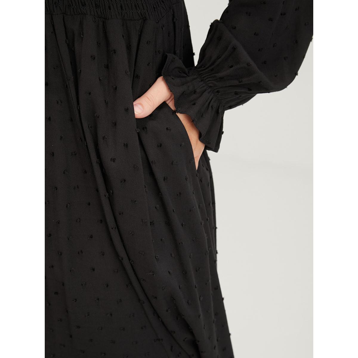 Plus Size Polka Dot Pocket Lantern Sleeve Lace Trim Shirred Dress Black Women Elegant Cross straps V-neck Long Sleeve Curvy Long Dress BloomChic 18-20/2X Product Image