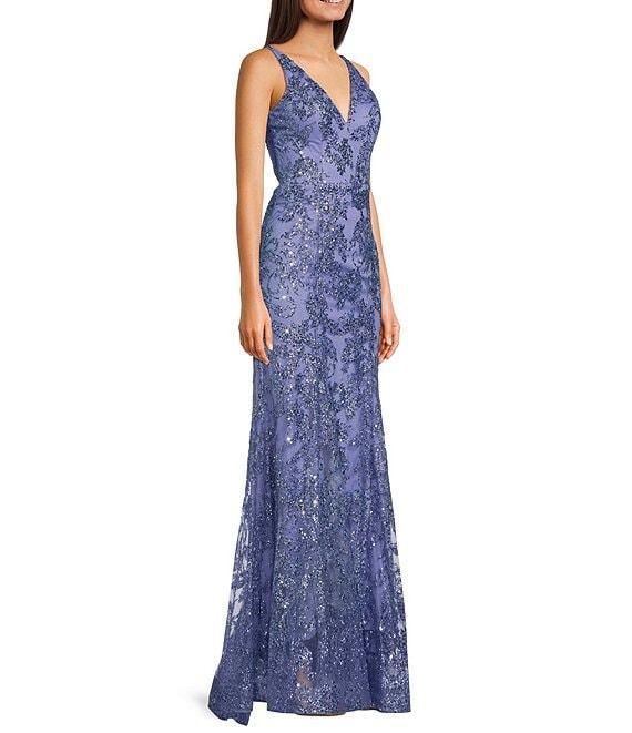Blondie Nites Glitter Sequined Leaf Pattern V-Neck Sleeveless Tie Back Gown Product Image
