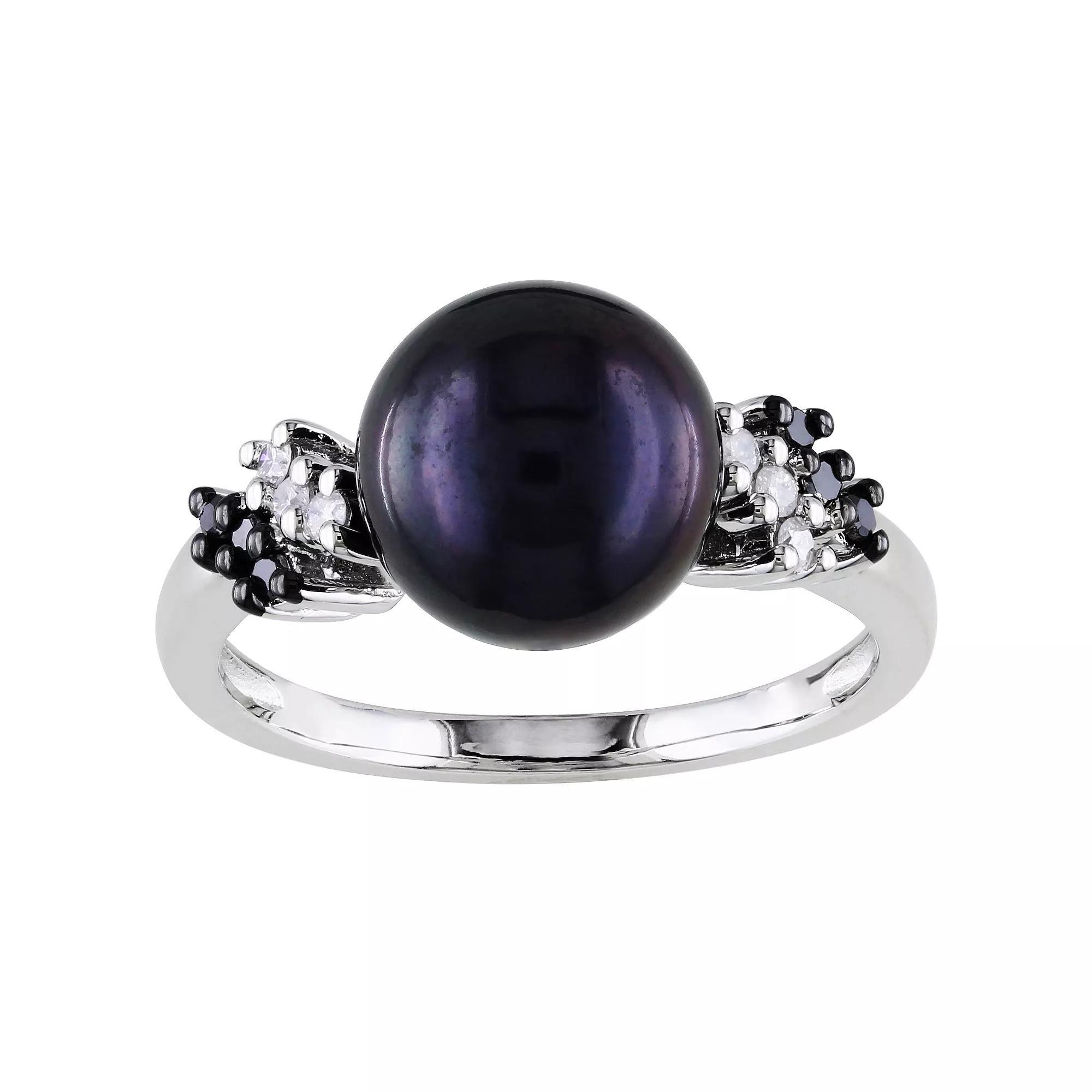 Stella Grace Sterling Silver 1/8 Carat T.W. Black & White Diamond and Dyed Black Freshwater Cultured Pearl Ring, Women's, Size: 6 Product Image