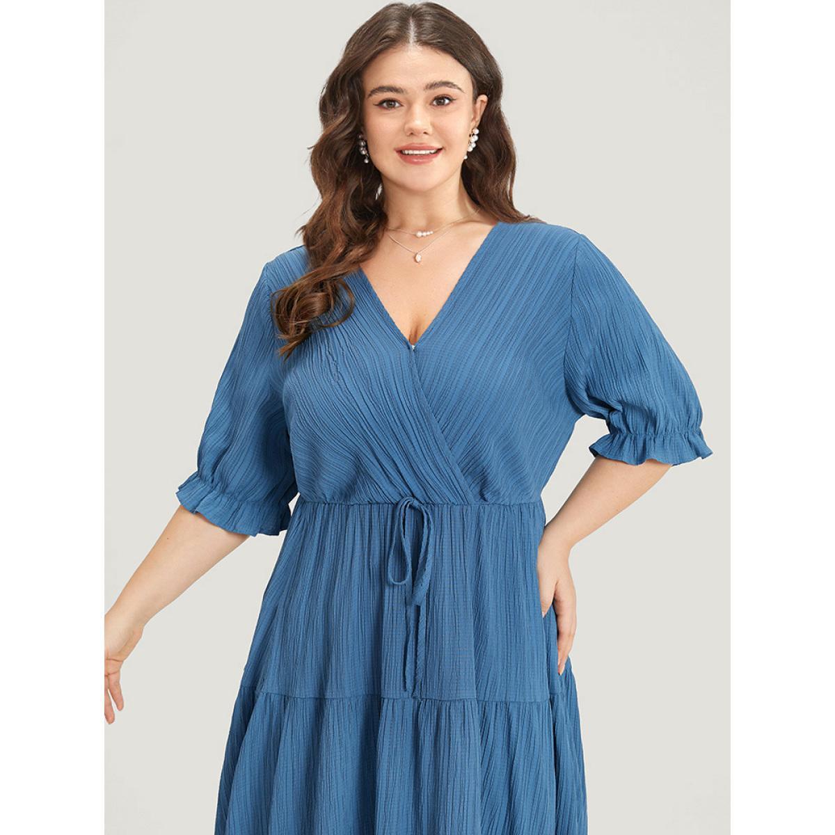 Plus Size Solid Textured Pocket Overlap Collar Flutter Trim Dress Stone Women Elegant Texture V-neck Half Sleeve Curvy Midi Dress BloomChic 12/L Product Image