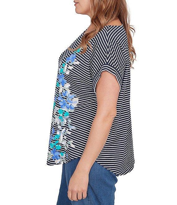 Ruby Rd. Plus Size Soft Jersey Knit Floral Stripe Boat Neck Short Cuff Sleeve Top Product Image