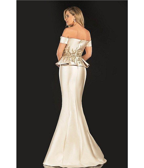 Terani Couture Off-the-Shoulder Pleated Floral Beaded Bodice Mermaid Gown Product Image