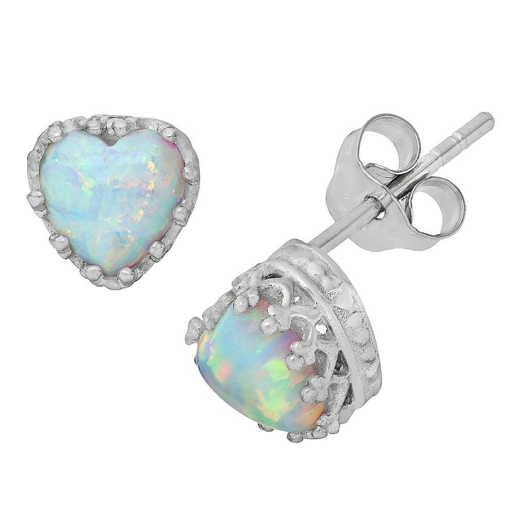 Designs by Gioelli Sterling Silver Lab-Created Opal Heart Crown Stud Earrings, Womens, White Product Image