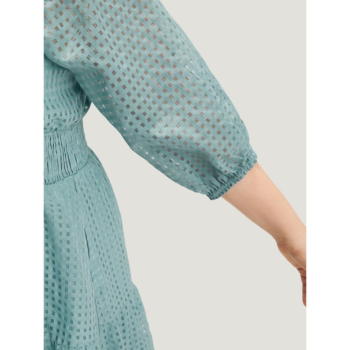 Plus Size Plain Gathered Texture Shirred Pocket Lantern Sleeve Dress Cerulean Women Elegant Elastic cuffs Square Neck Elbow-length sleeve Curvy Midi Dress BloomChic 30/6X Product Image