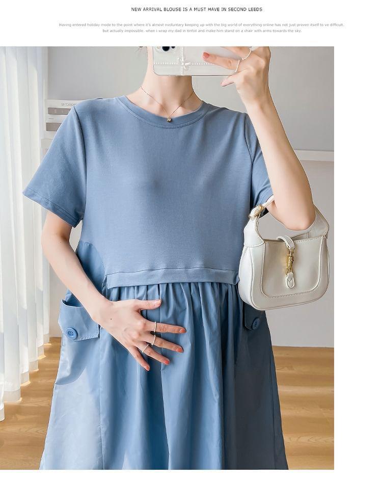 Maternity Short-Sleeve Crewneck Plain Midi A-Line Dress Product Image