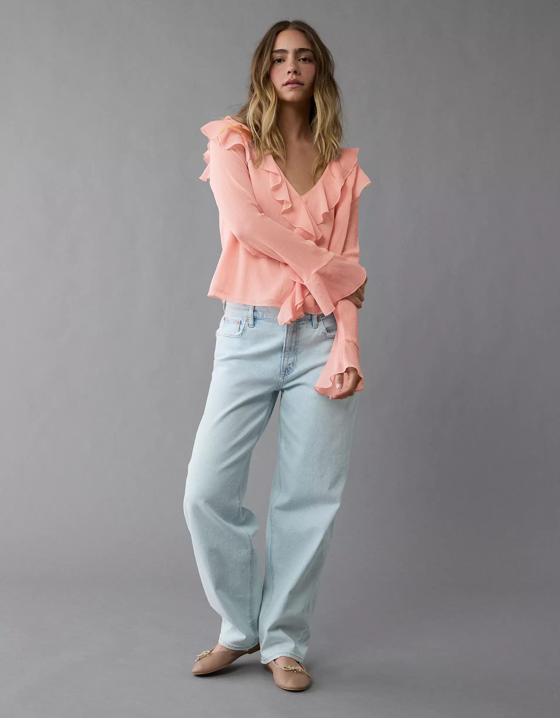 AE Chiffon Bell Sleeve Ruffle Blouse Product Image