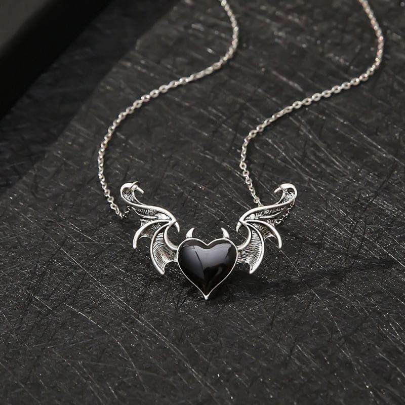 Heart Faux Crystal Bat Wing Pendant Alloy Necklace Product Image