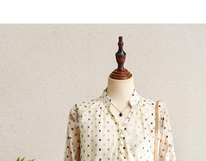 Balloon Sleeve Stand Collar Dotted Mesh Blouse Product Image