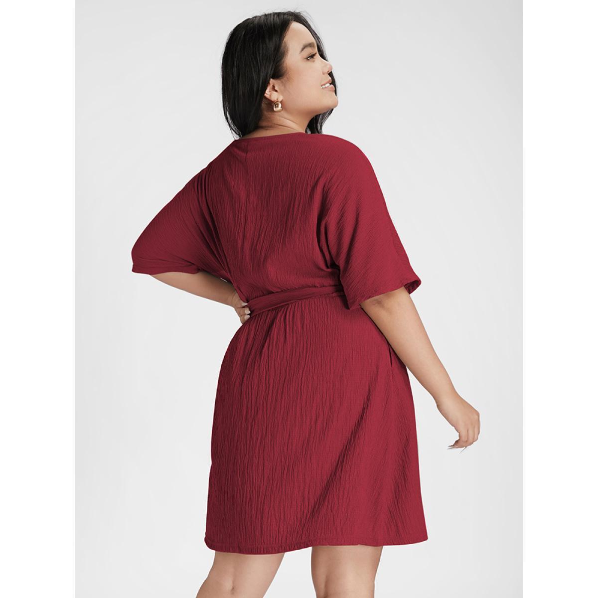 Plus Size Floral Embroidered Pocket Belted Short Dress Burgundy Women Elegant Belted V-neck Half Sleeve Curvy Short Dress BloomChic 28/5X Product Image
