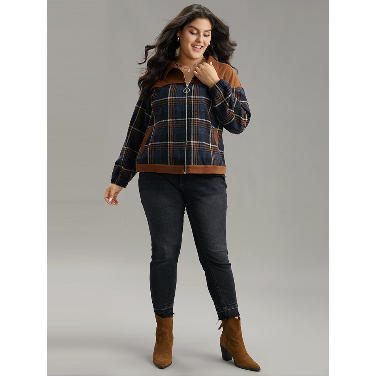 Plus Size Plaid Patchwork Pocket Lapel Collar Zipper Fly Jacket Women Multicolor Contrast Pocket Dailywear Jackets BloomChic 10/M Product Image