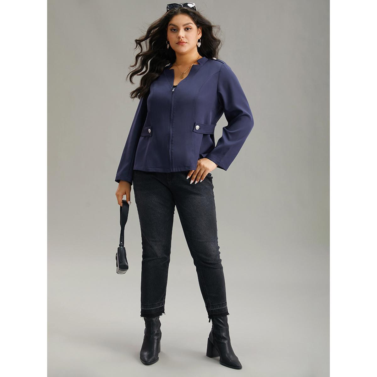 Plus Size Plain Button Detail Notched Zipper Blazer Indigo Women Office Plain Plain Sleeve Long Sleeve Notched collar 22-24/3X At the Office Blazers BloomChic Product Image