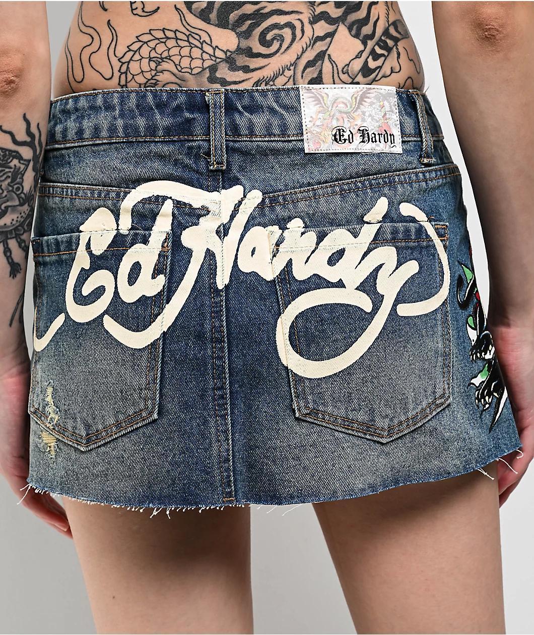 Ed Hardy Panther Dagger Dark Blue Cutoff Denim Mini Skirt Product Image