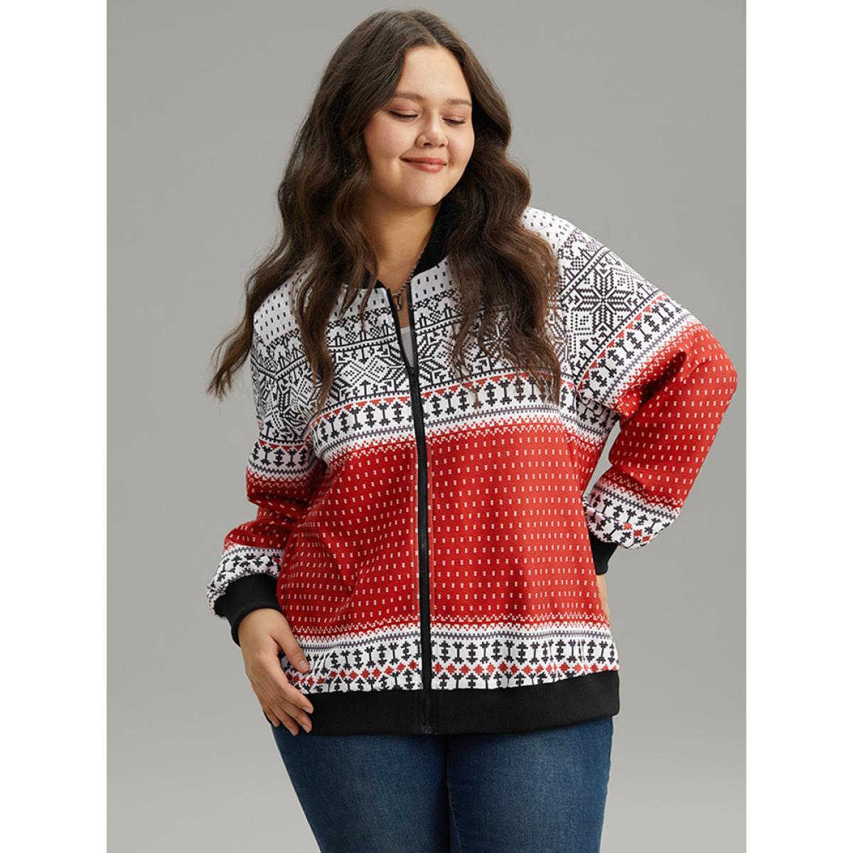 Plus Size Christmas Patchwork Zipper Contrast Jacket Women Red Elastic cuffs Dailywear Jackets BloomChic 12/L Product Image