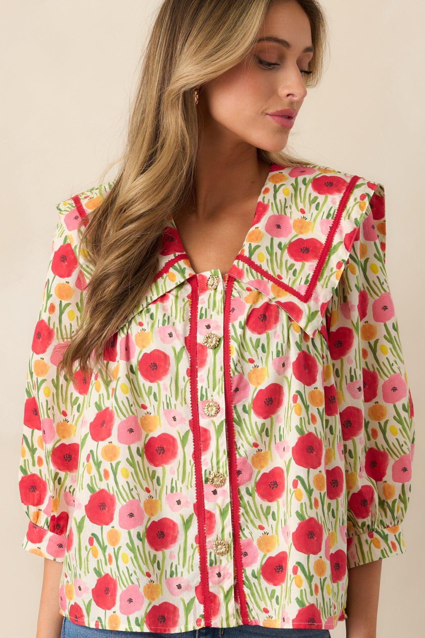 Morning Delight Cotton Red Button Front Blouse Product Image