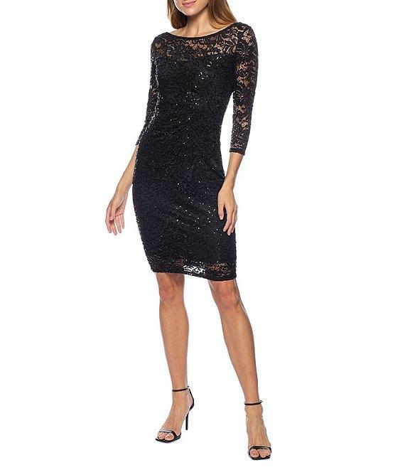 Marina Round Neck Ruched Side Sequin Lace 3/4 Sleeve Sheath Dress Product Image