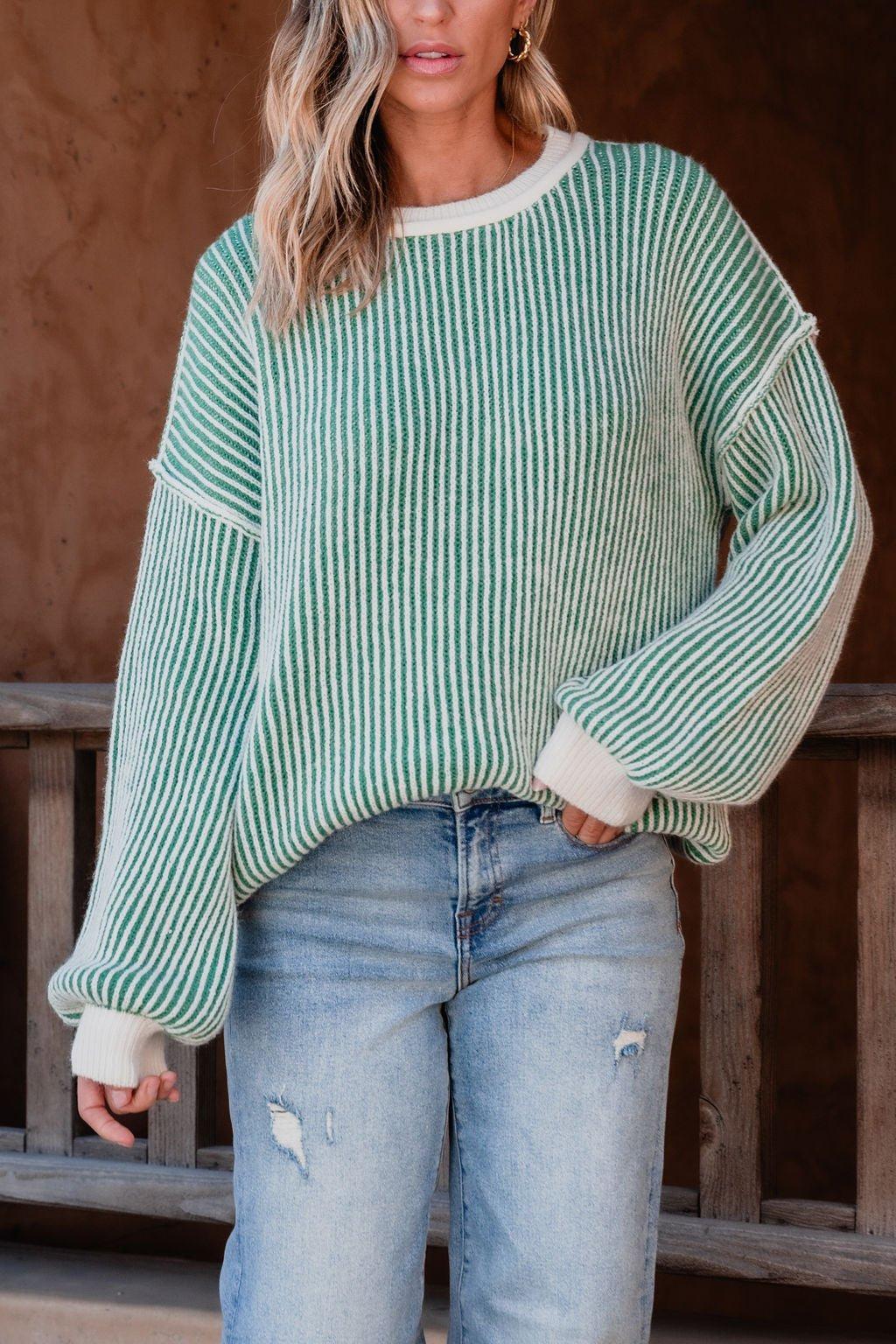 Green Striped Seam Detail Sweater - FINAL SALE Product Image