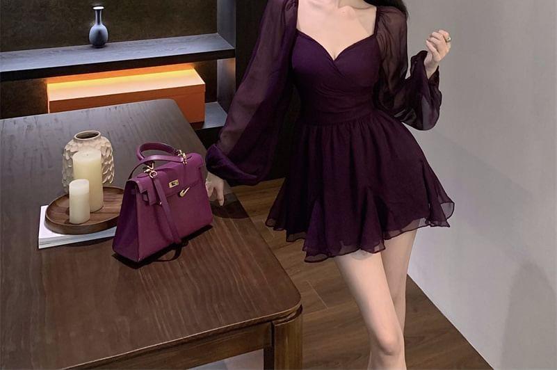 Long Sleeve V-Neck Plain Chiffon Ruffle Trim Mini A-Line Dress Product Image