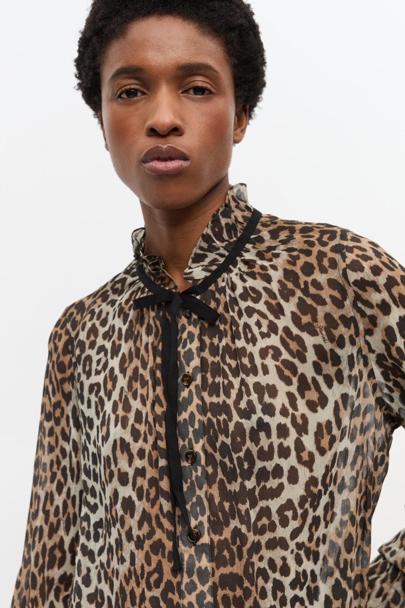 Leopard Print Chiffon Tie String Shirt Product Image