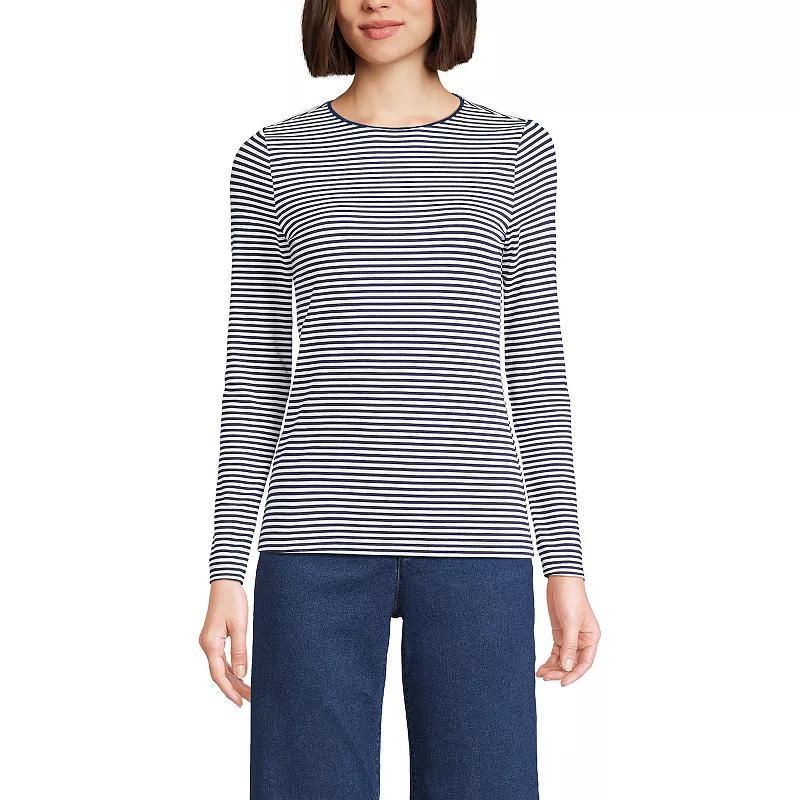 Petite Lands' End Lightweight Jersey Skimming Long Sleeve Crewneck T-shirt, Women's, Size: Medium Petite, Navy White Stripe Product Image