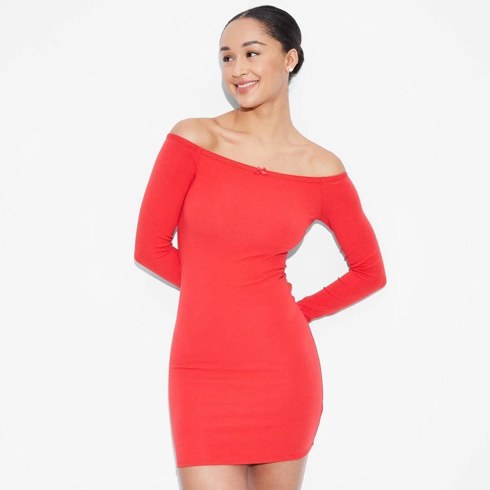 Womens Off the Shoulder Lace Trim Mini Bodycon Dress - Wild Fable Cherry Red XS Product Image