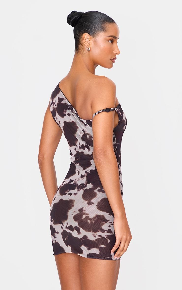 Brown Cow Print Mesh Asymmetric Bodycon Dress Product Image