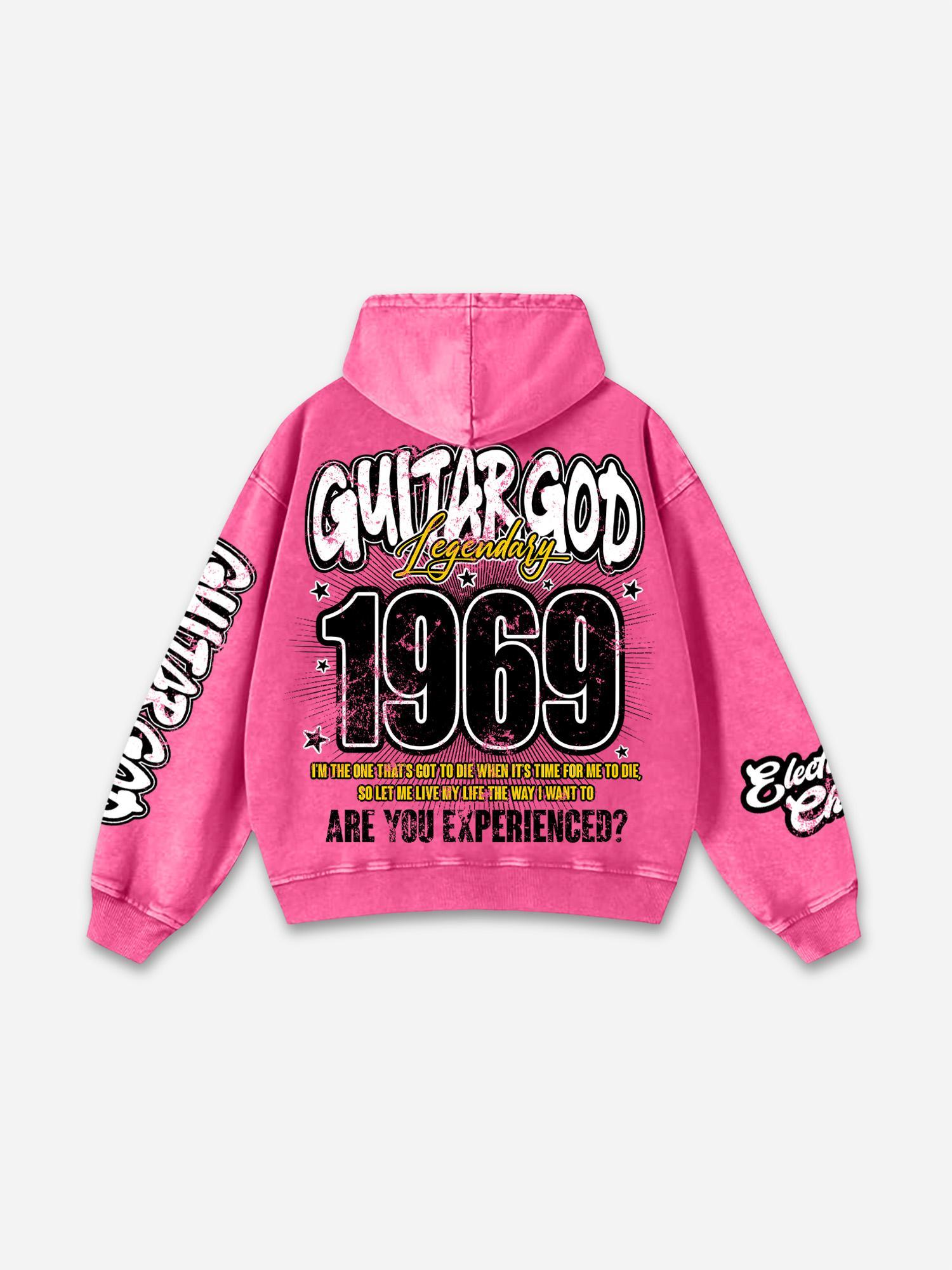 Jimi Hendrix Art 1969 Guitar God Graphic Acid Wash Hoodie Product Image