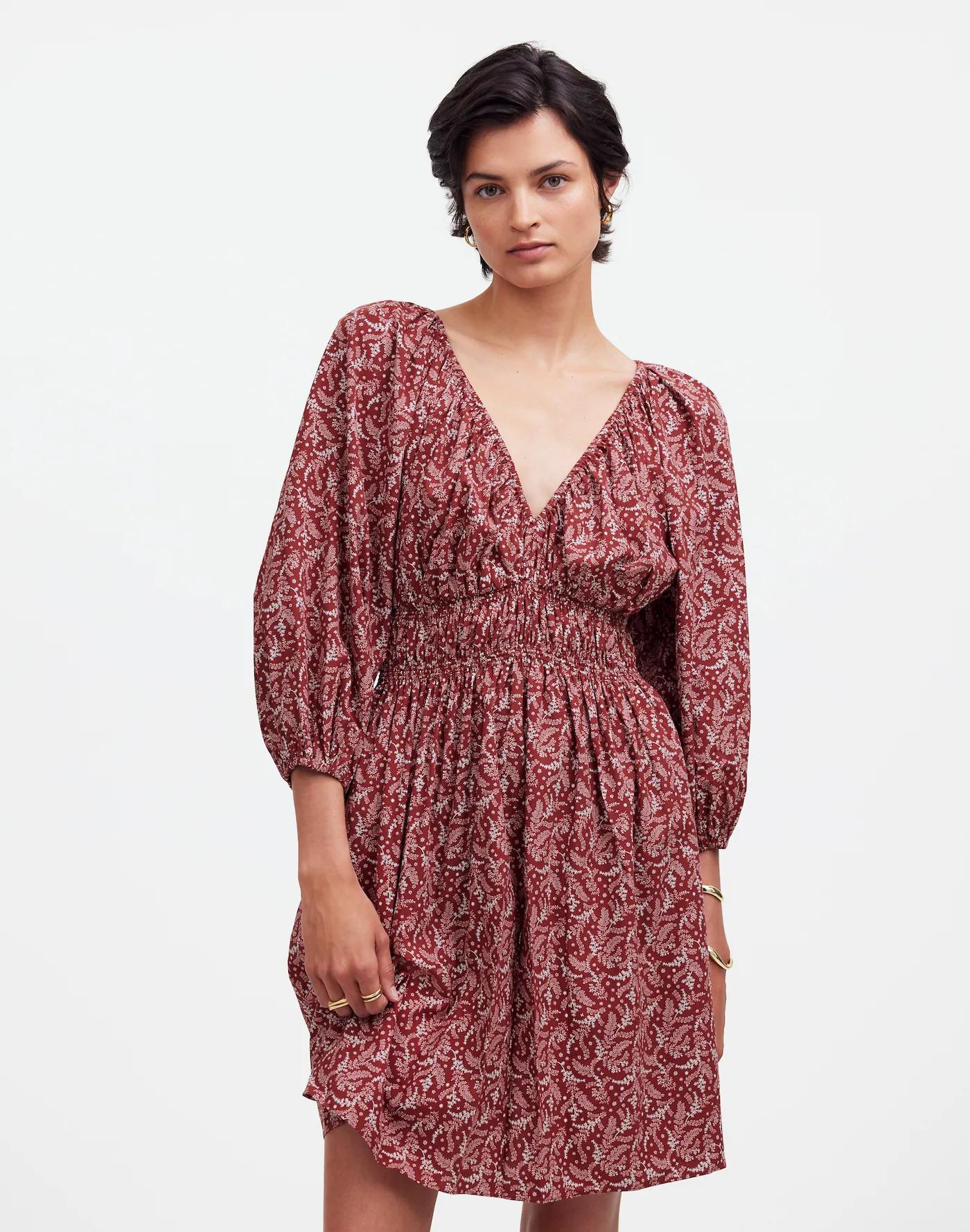 Puff-Sleeve V-Neck Mini Dress in Paisley Floral Product Image