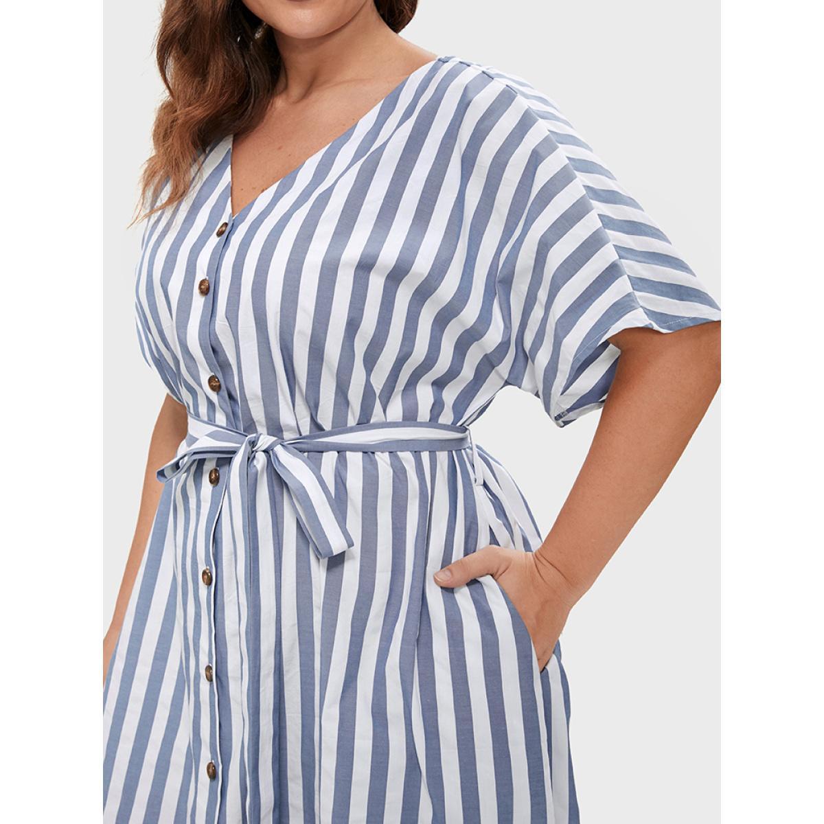 Plus Size Striped V Neck Button Belted Knee Dress Blue Women Office Gathered V-neck Short sleeve Curvy BloomChic 28/5X Product Image
