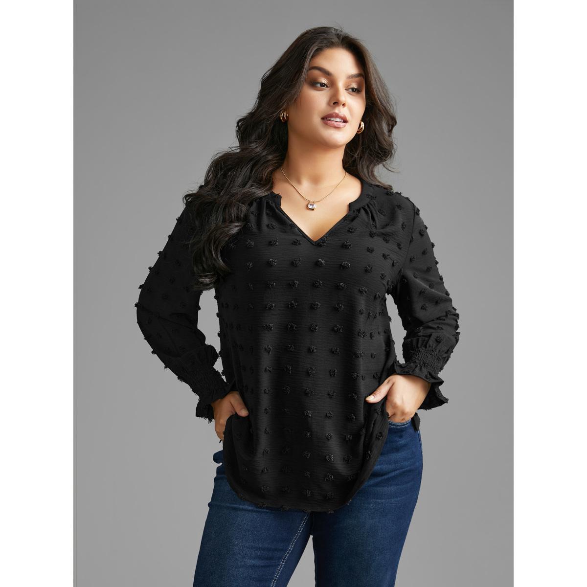 Plus Size Black Plain Textured Shirred Gathered Blouse Women Elegant Long Sleeve V-neck Everyday Blouses BloomChic 18-20/2X Product Image