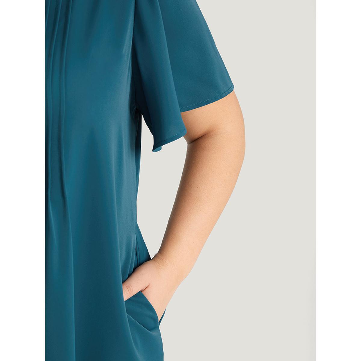 Plus Size Solid Pleated Front Button Detail Notched Ruffle Sleeve Dress Aegean Women Elegant Pleated Notched collar Short sleeve Curvy Knee Dress BloomChic 22-24/3X Product Image