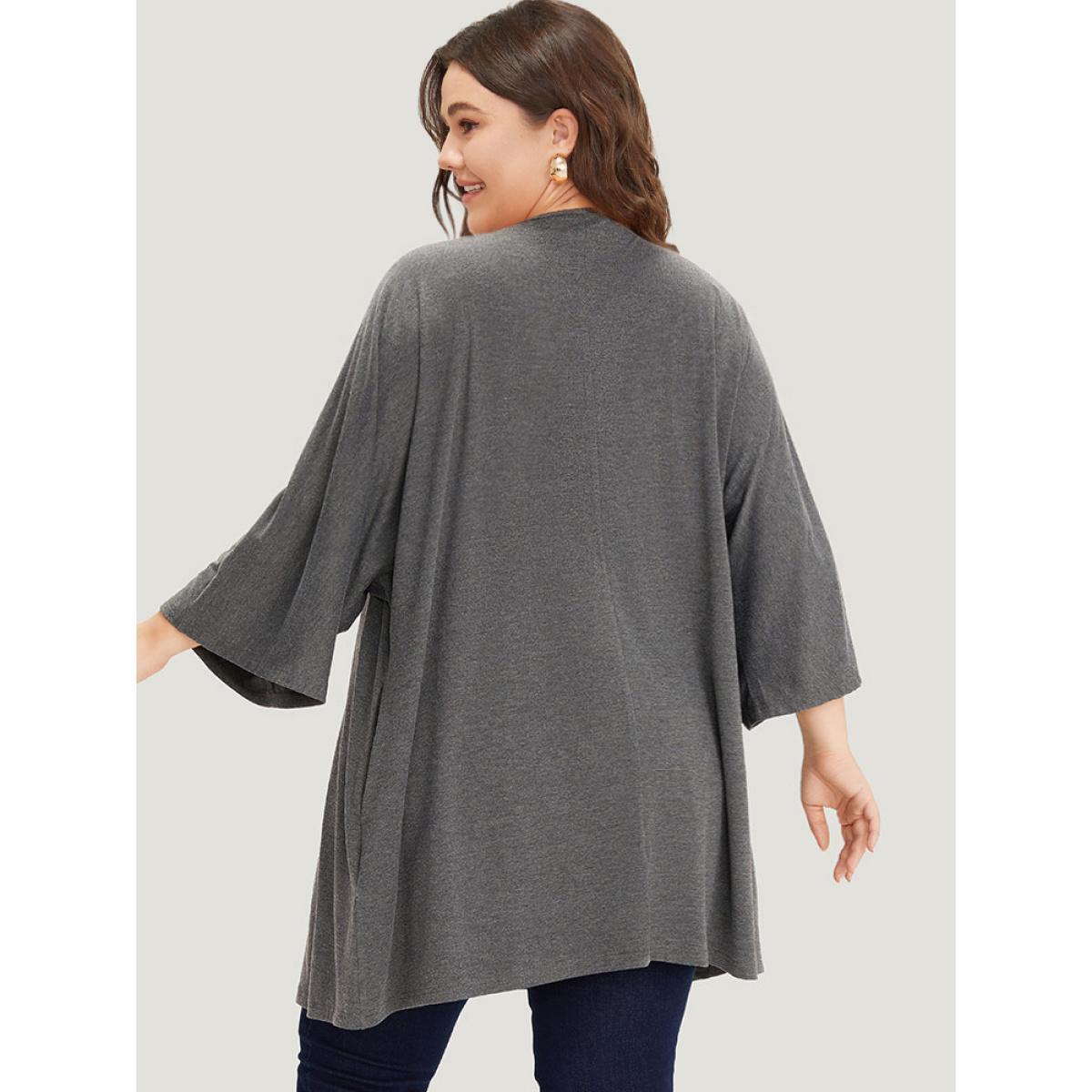 Plus Size Supersoft Essentials Plain Open Front Pocket Batwing Sleeve Kimono Women DarkGray Casual Plain Loose Pocket Dailywear Kimonos BloomChic 10/M Product Image