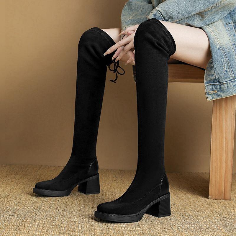 Square Toe Platform Faux Suede Block Heel Over The Knee Boots Product Image