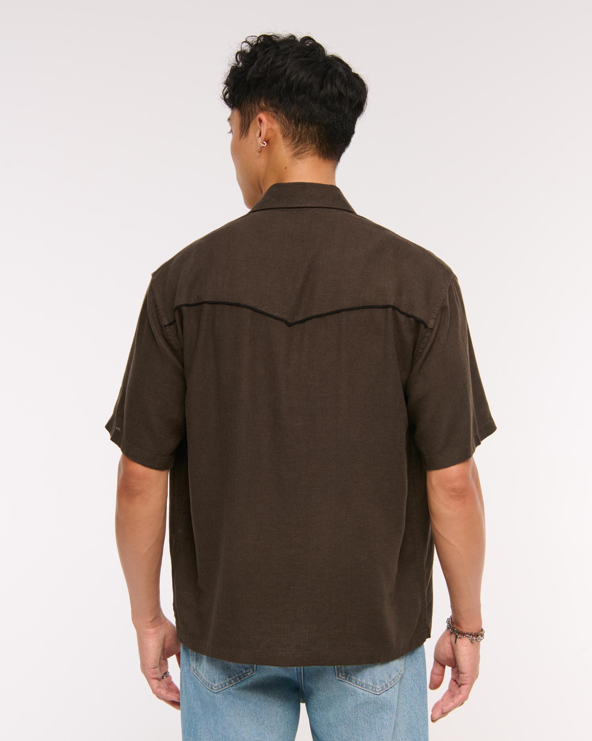 Short-Sleeve Summer Linen-Blend Button-Up Shirt Product Image