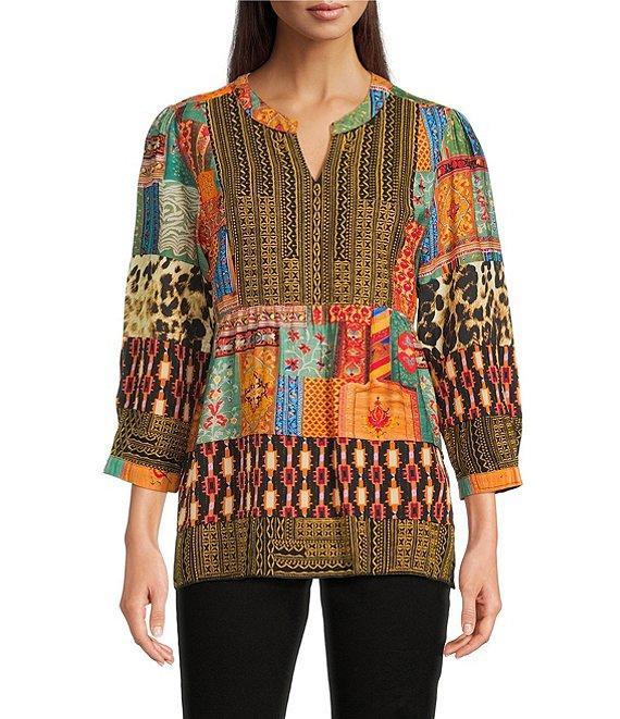 Calessa Petite Size Embroidered Patchwork Split V-Neck 3/4 Sleeve Tunic Product Image