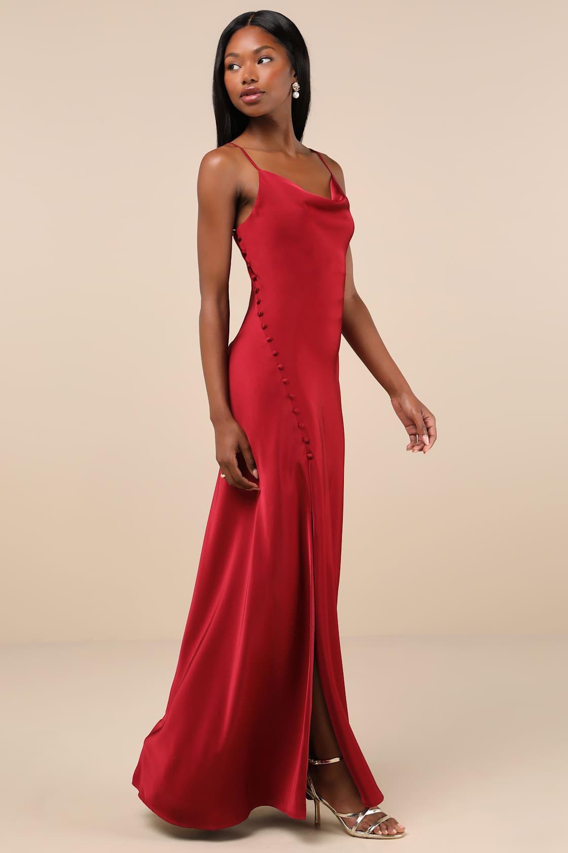 Truly a Beauty Wine Red Satin Cowl Neck Side Button Maxi Dress Product Image