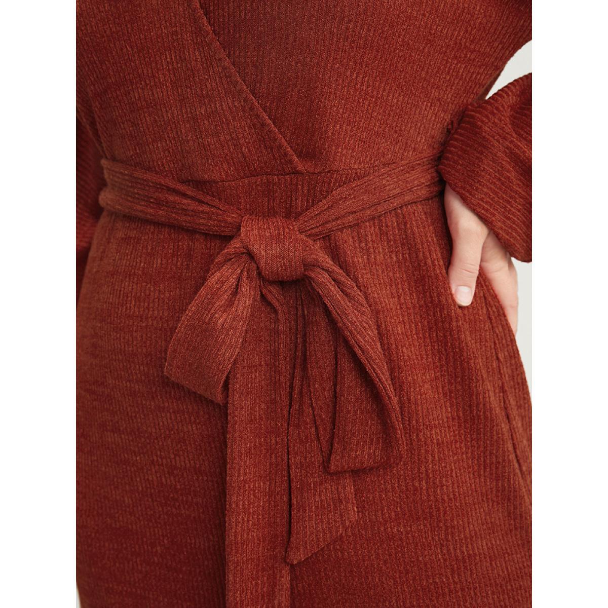 Plus Size Solid Surplice Neck Belted Knit Dress Russet Women Glamour Cross straps V-neck Long Sleeve Curvy Knee Dress BloomChic 10/M Product Image