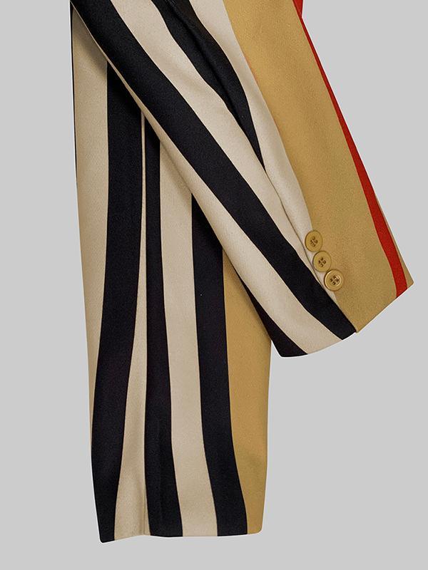 Long Sleeves Loose Buttoned Split-Joint Striped Stand Collar Woolen Coat Product Image